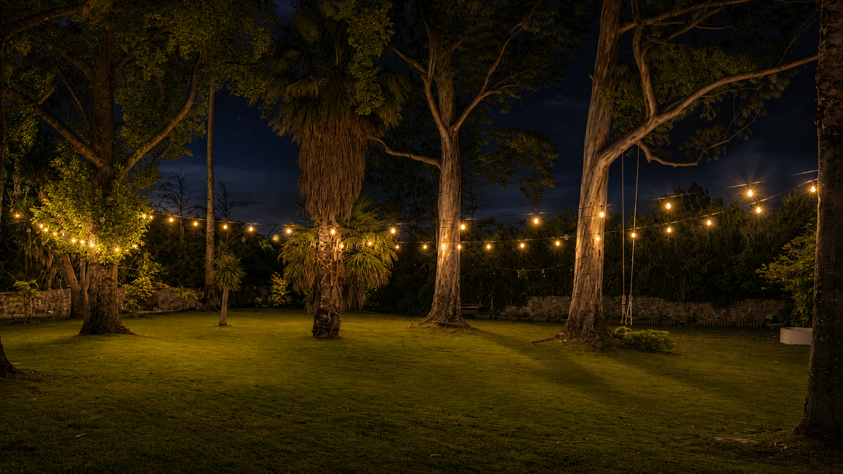 Garden lawn at night under festoon lights