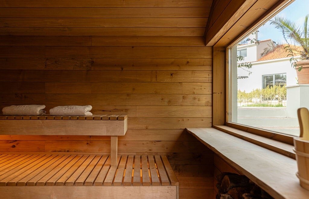 Sauna benches beside a window opening onto daylight and greenery