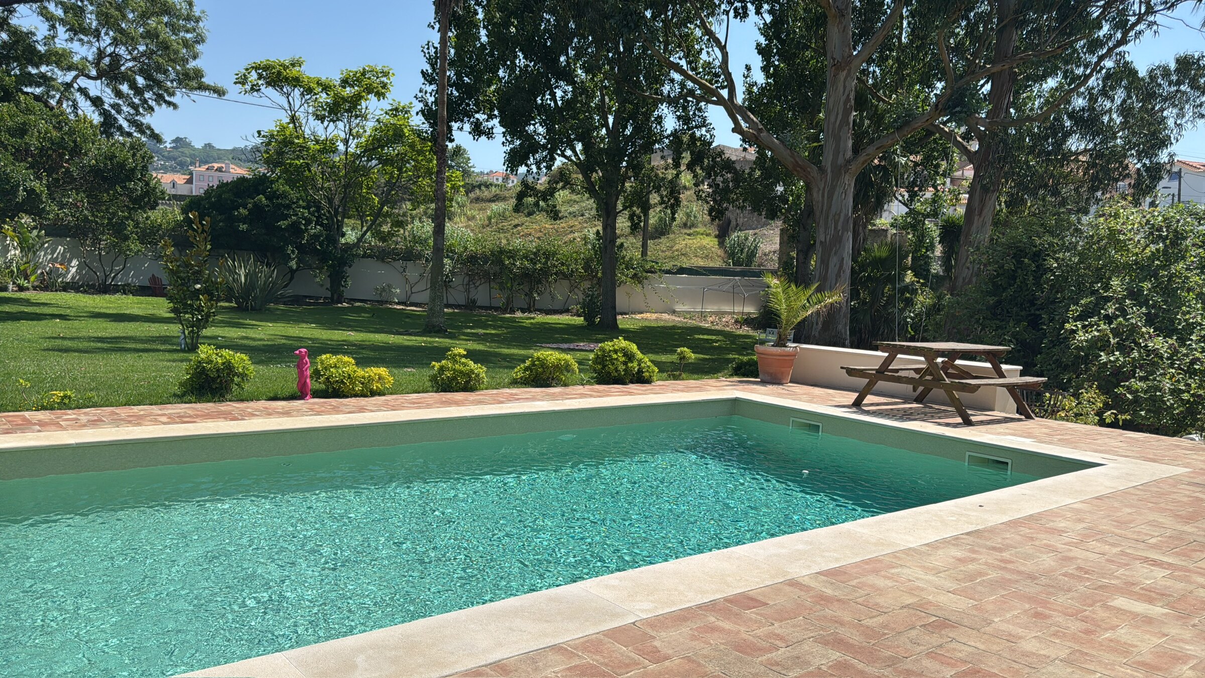 Wide daylight view across the pool to the lawn and tall garden trees